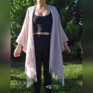 Soft Pink Fringe Shawl Wrap One Size Cozy Boho Layering Poncho